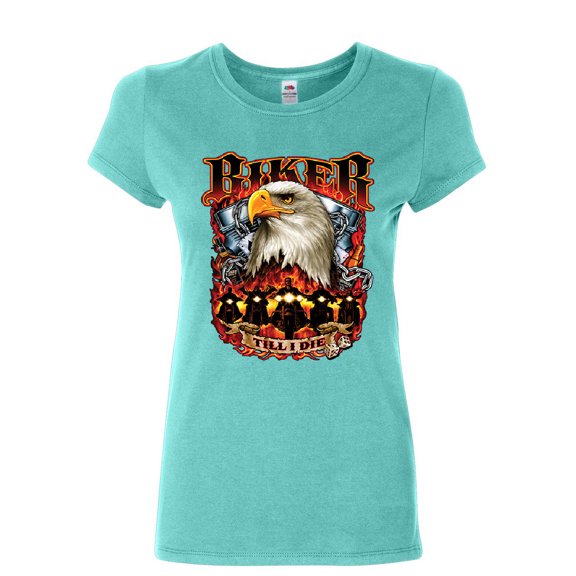 Tee Hunt Biker Till I Die Women's T-Shirt Motorcycle Club Biker Gang Live to Ride Shirt, Light Blue, Small