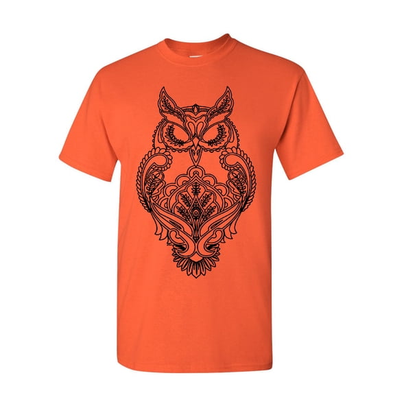 Tee Hunt Black Owl Henna Style T-Shirt Wildlife Nature Knowledge Wisdom Mens Shirt, Orange, Small