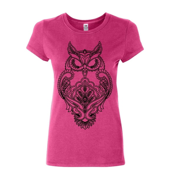 Tee Hunt Black Owl Henna Style Women's T-Shirt Wildlife Nature Knowledge Wisdom Shirt, Pink, 3X-Large