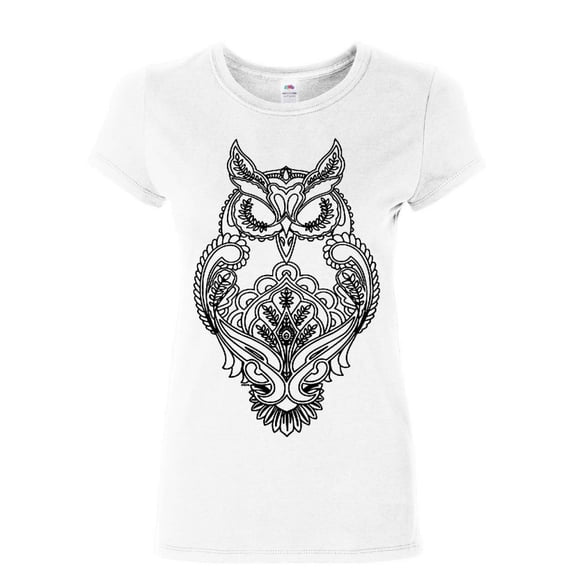 Tee Hunt Black Owl Henna Style Women's T-Shirt Wildlife Nature Knowledge Wisdom Shirt, White, Small