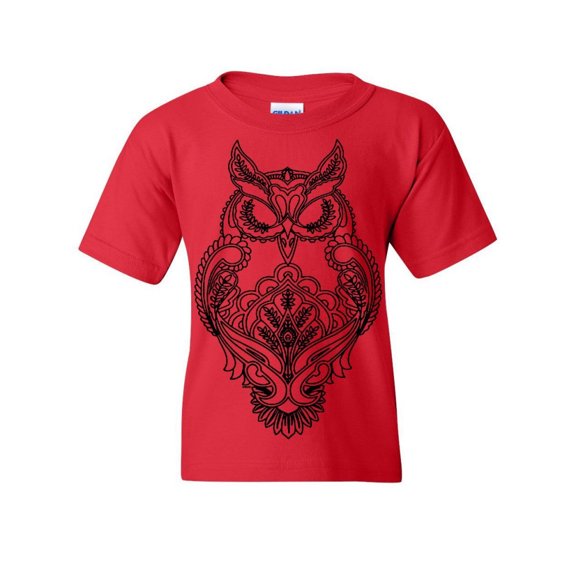Tee Hunt Black Owl Henna Style Youth T-Shirt Wildlife Nature Knowledge Wisdom KidsRoyal, Red, X-Large