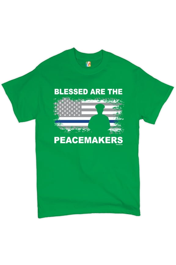 Blessed are The Peacemakers T-Shirt Thin Line Police Officers Men's Tee, Green, Medium