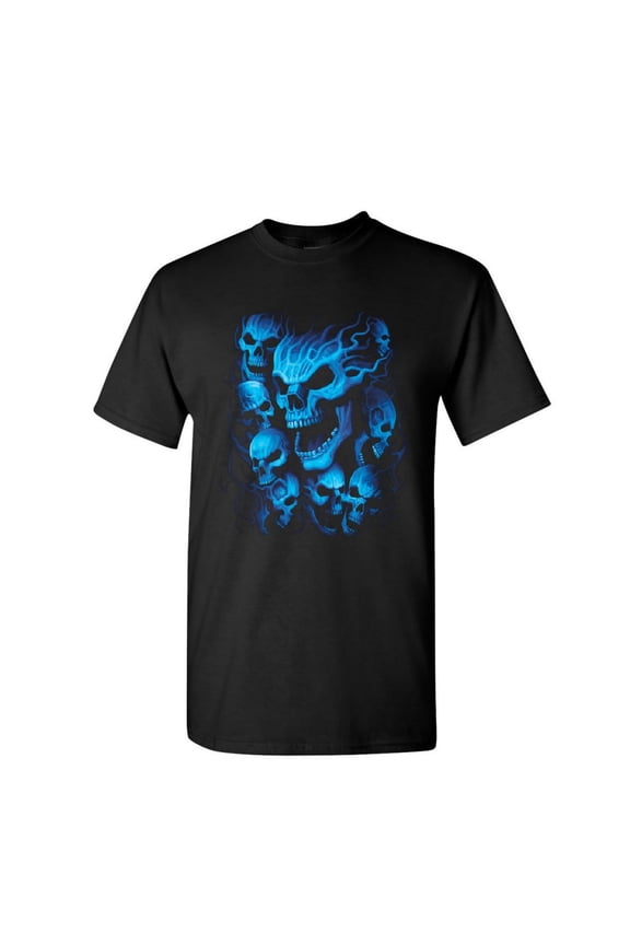 Blue Skulls T-Shirt Skull Face Death Dead Reaper Hell Evil Demon Mens Shirt, Black, Large