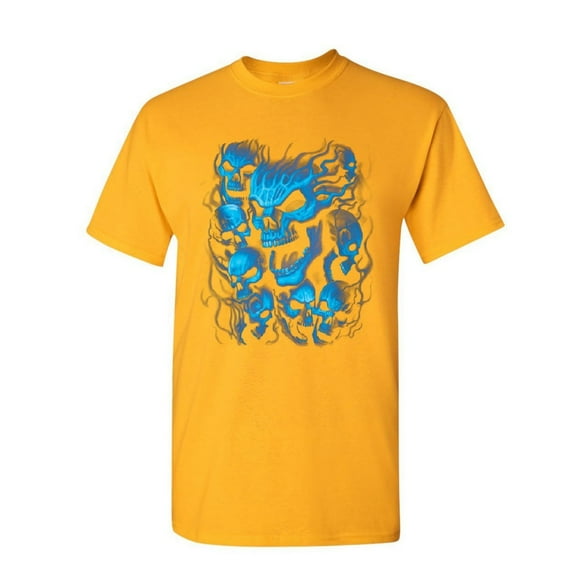 Tee Hunt Blue Skulls T-Shirt Skull Face Death Dead Reaper Hell Evil Demon Mens Shirt, Yellow, Medium
