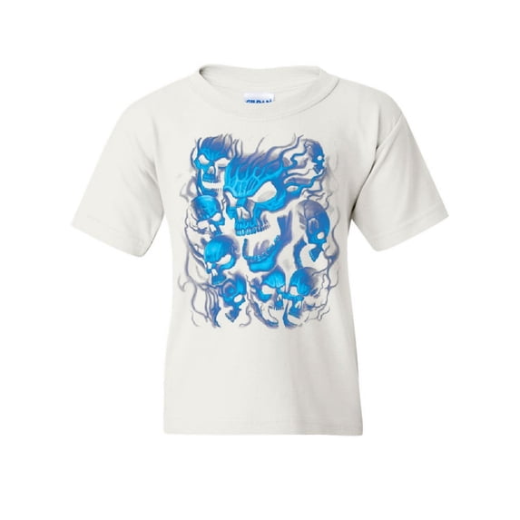 Tee Hunt Blue Skulls Youth T-Shirt Skull Face Death Dead Reaper Hell Evil Demon Kids Tee, White, Medium