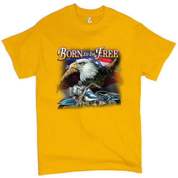 Tee Hunt Born to Be Free T-Shirt American Bald Eagle Biker Men's Tee, Yellow, Small
