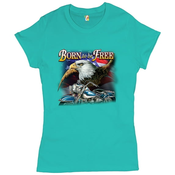 Tee Hunt Born to Be Free T-Shirt American Bald Eagle Chopper Biker Patriotic Women's T-Shirt Tee, Light Blue, X-Large