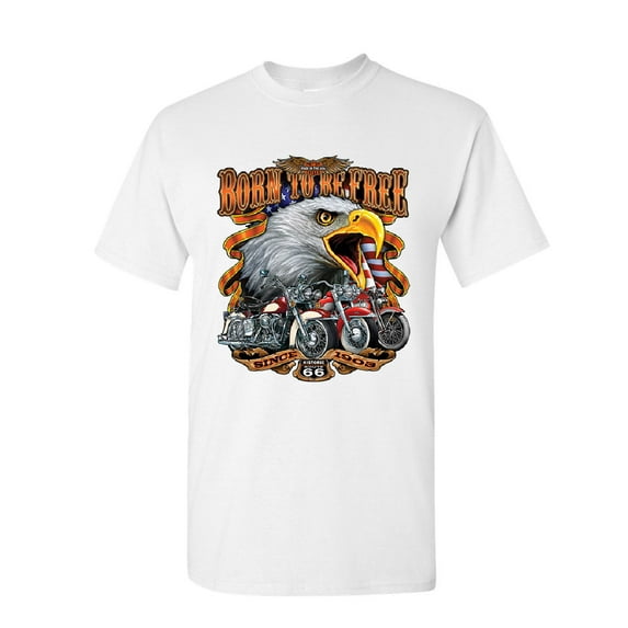 Tee Hunt Born to be Free T-Shirt Historic Route 66 Bald Eagle Biker Gang Mens Shirt, White, Large