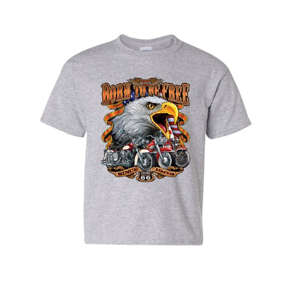Tee Hunt Born to be Free Youth T-Shirt Historic Route 66 Bald Eagle Biker Gang Kids Tee, Gray, Small