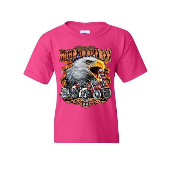 Tee Hunt Born to be Free Youth T-Shirt Historic Route 66 Bald Eagle Biker Gang Kids Tee, Pink, Large