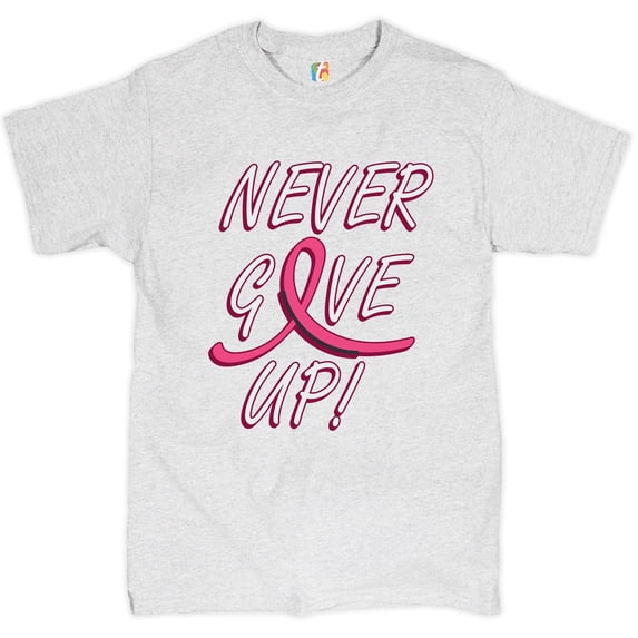 Tee Hunt Breast Cancer Awareness Never Give Up T-shirt Pink Ribbon Men's Tee, Ash Gray, X-Large