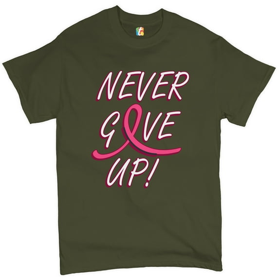 Tee Hunt Breast Cancer Awareness Never Give Up T-shirt Pink Ribbon Men's Tee, Military Green, Small