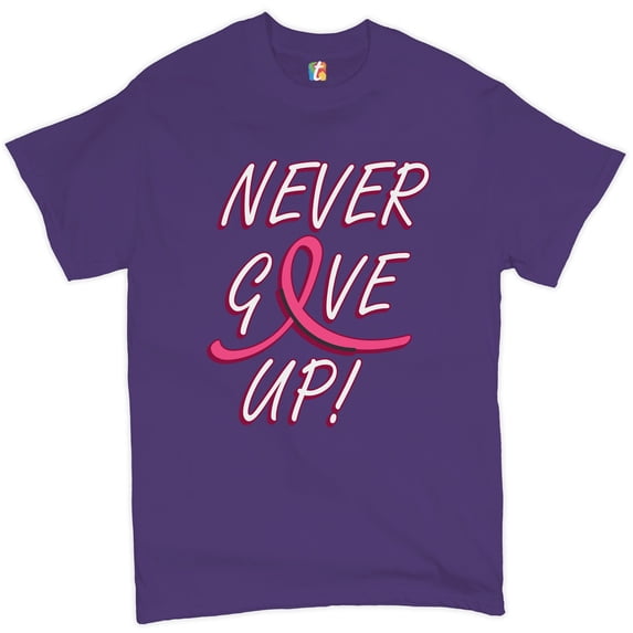 Tee Hunt Breast Cancer Awareness Never Give Up T-shirt Pink Ribbon Men's Tee, Purple, 3X-Large