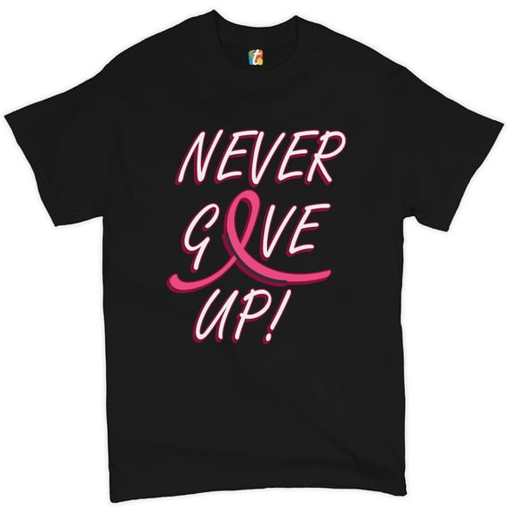Tee Hunt Breast Cancer Awareness Never Give Up T-shirt Pink Ribbon Men's Tee