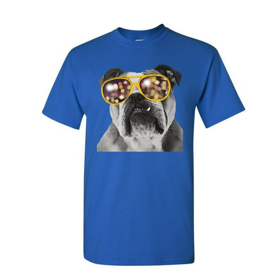 Tee Hunt Bulldog Wearing Glasses T-Shirt Cute Dog Swag Pet Lovers Urban Mens Shirt, Blue, Small