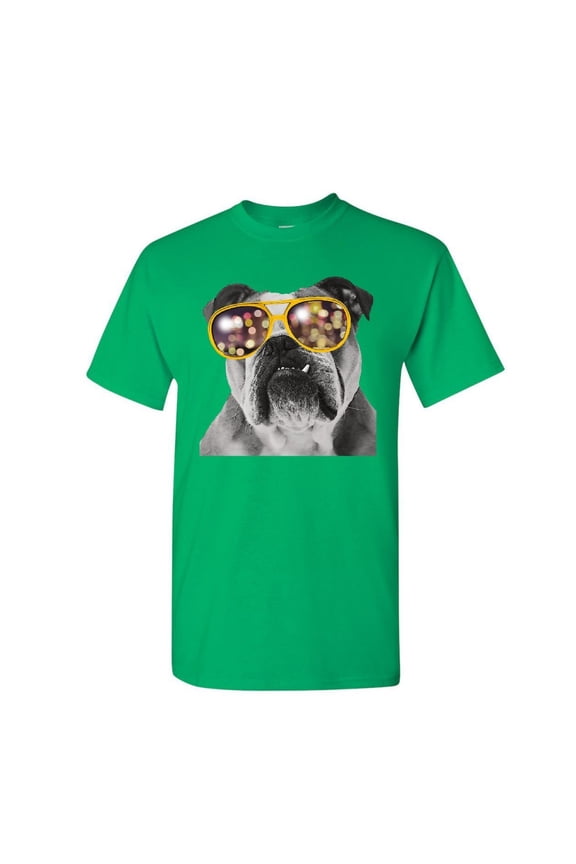 Bulldog Wearing Glasses T-Shirt Cute Dog Swag Pet Lovers Urban Mens Shirt, Green, Small