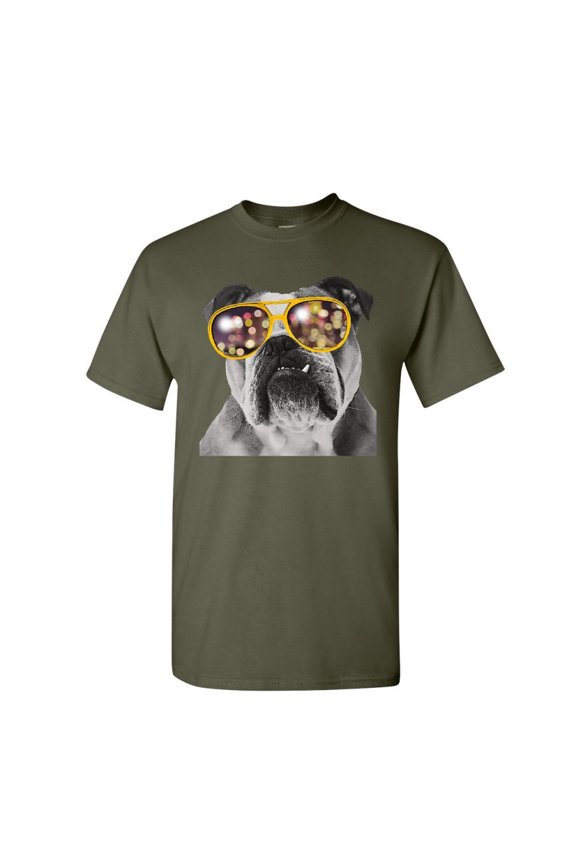 Bulldog Wearing Glasses T-Shirt Cute Dog Swag Pet Lovers Urban Mens Shirt, Military Green, Medium