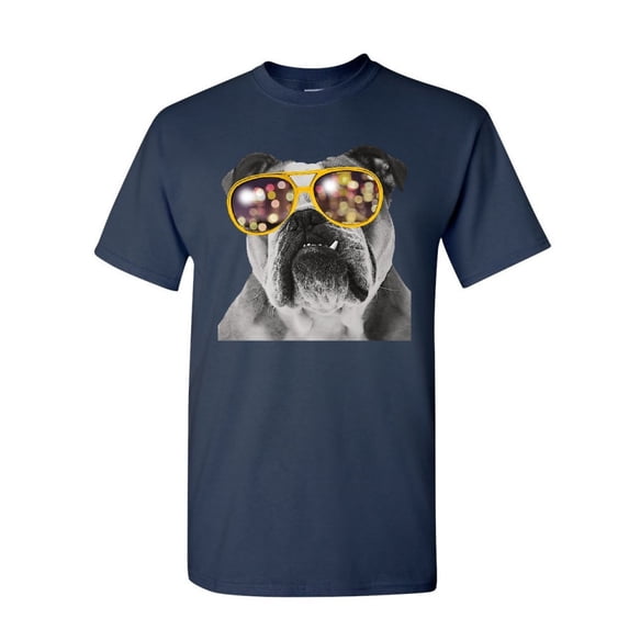 Tee Hunt Bulldog Wearing Glasses T-Shirt Cute Dog Swag Pet Lovers Urban Mens Shirt, Navy Blue, Small