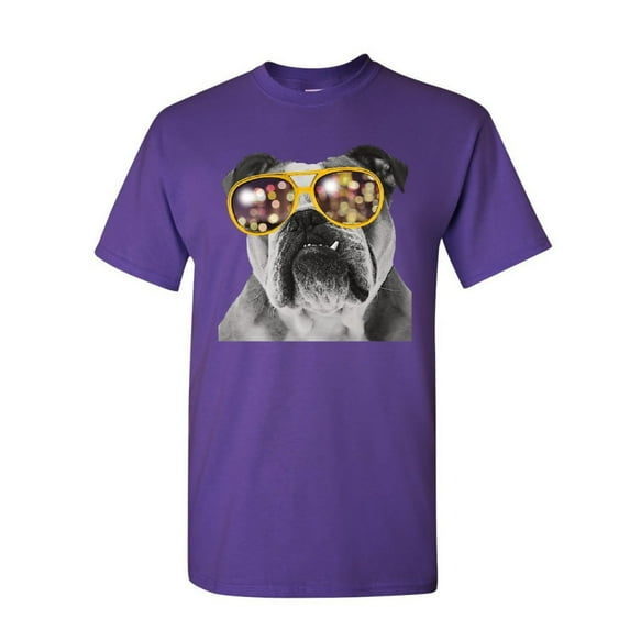 Tee Hunt Bulldog Wearing Glasses T-Shirt Cute Dog Swag Pet Lovers Urban Mens Shirt, Purple, X-Large