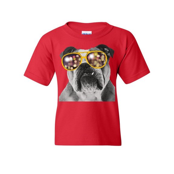 Tee Hunt Bulldog Wearing Glasses Youth T-Shirt Cute Dog Swag Pet Lovers Urban Kids Tee, Red, Large