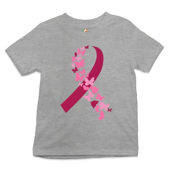 Tee Hunt Butterflies Pink Ribbon Youth T-Shirt Breast Cancer Awareness Hope Kids, Gray, Medium
