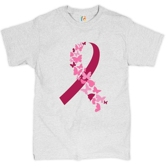 Tee Hunt Butterflies Ribbon T-Shirt Breast Cancer Awareness Hope Men's Tee, Ash Gray, Large