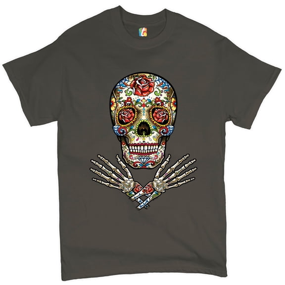 Tee Hunt Calavera Arms Crossed T-Shirt Dia de Los Muertos Day of The Dead Men's Tee, Charcoal, X-Large