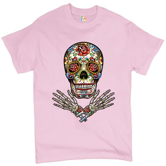 Tee Hunt Calavera Arms Crossed T-Shirt Dia de Los Muertos Day of The Dead Men's Tee, Light Pink, Large