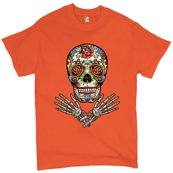 Tee Hunt Calavera Arms Crossed T-Shirt Dia de Los Muertos Day of The Dead Men's Tee, Orange, X-Large