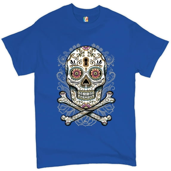 Tee Hunt Calavera Sugar Skull T-Shirt Mexican Day of The Dead Dia de Muertos Men's Tee, Blue, X-Large