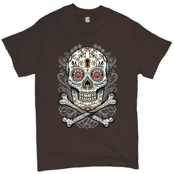 Tee Hunt Calavera Sugar Skull T-Shirt Mexican Day of The Dead Dia de Muertos Men's Tee, Brown, Medium