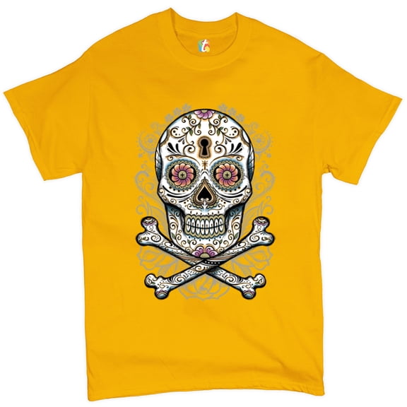 Tee Hunt Calavera Sugar Skull T-Shirt Mexican Day of The Dead Dia de Muertos Men's Tee, Yellow, 4X-Large