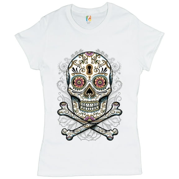 Tee Hunt Calavera Sugar Skull T-Shrit Mexican Day of The Dead Dia de Muertos Women's T-Shirt Tee, White, XX-Large