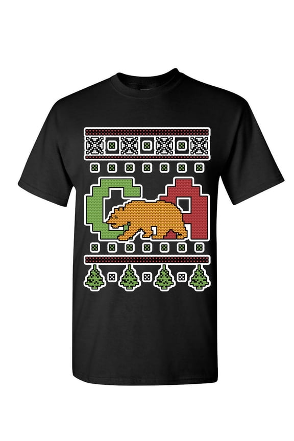 California Republic Ugly Sweater T-Shirt Christmas Xmas CA Bear Mens Shirt, Black, Medium