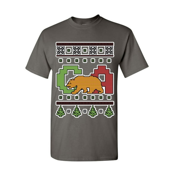 Tee Hunt California Republic Ugly Sweater T-Shirt Christmas Xmas CA Bear Mens Shirt, Charcoal, X-Large