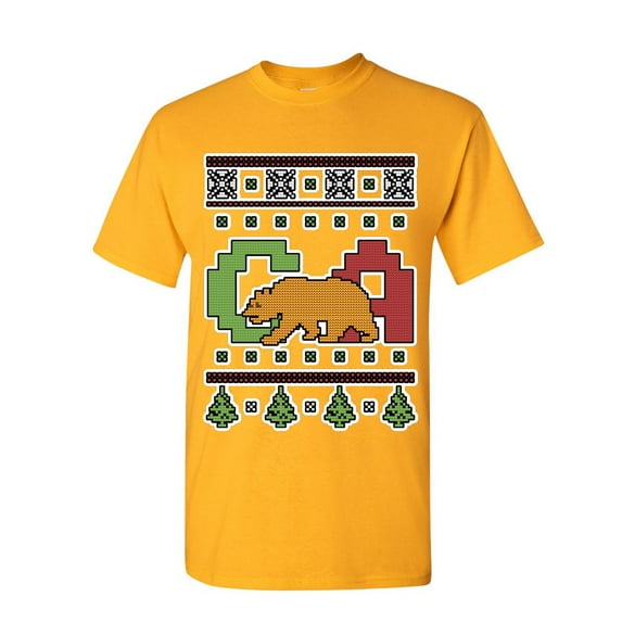 Tee Hunt California Republic Ugly Sweater T-Shirt Christmas Xmas CA Bear Mens Shirt, Yellow, Small