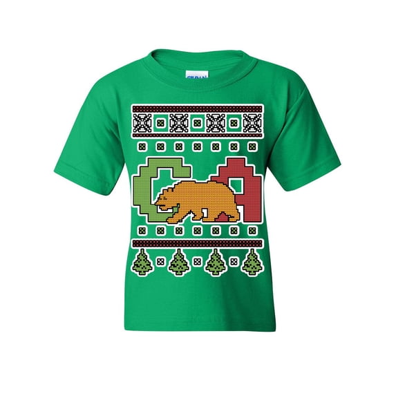 Tee Hunt California Republic Ugly Sweater Youth T-Shirt Christmas Xmas CA Bear Kids Tee, Green, X-Large