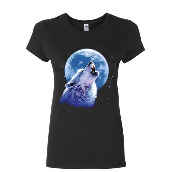 Tee Hunt Call of The Wild Women's T-Shirt Lone Wolf Howling at The Moon Wildlife Shirt, Black, Medium