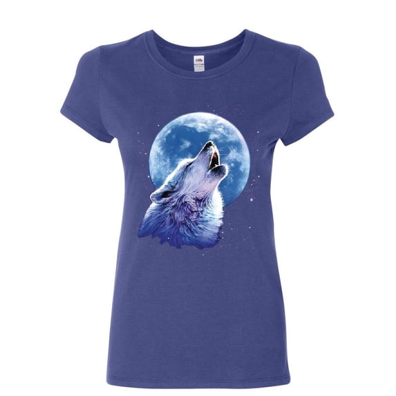 Tee Hunt Call of The Wild Women's T-Shirt Lone Wolf Howling at The Moon Wildlife Shirt, Blue, X-Large