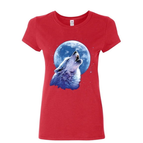 Tee Hunt Call of The Wild Women's T-Shirt Lone Wolf Howling at The Moon Wildlife Shirt, Red, Small