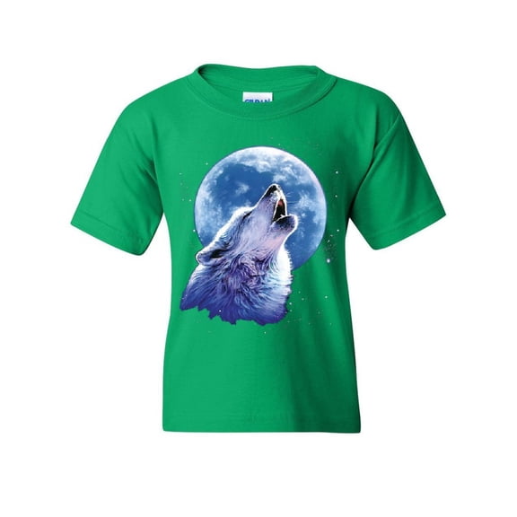 Tee Hunt Call of The Wild Youth T-Shirt Lone Wolf Howling at The Moon Wildlife Kids Tee, Green, Medium