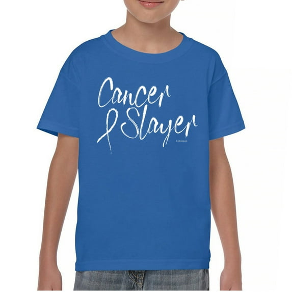 Tee Hunt Cancer Slayer Youth T-Shirt Breast Cancer Awareness Ribbon Hope Healing Kids, Blue, Small