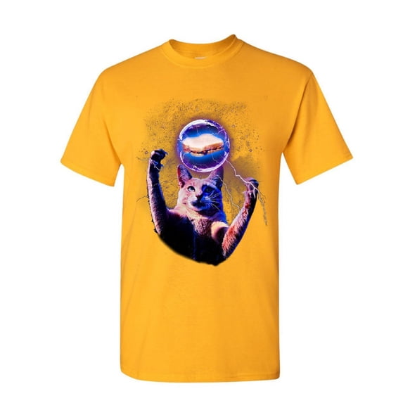 Tee Hunt Cat Catching a Sandwich T-Shirt Plasma Ball Kitty Kitten Weird Mens Shirt, Yellow, Medium