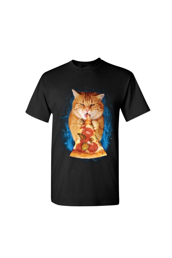 Cat Eating Pizza T-Shirt Funny Weird Kitten Pet Kitty Peperoni Mens Shirt, Black, Medium