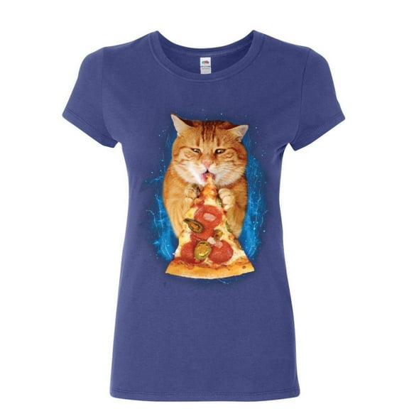 Tee Hunt Cat Eating Pizza Women's T-Shirt Funny Weird Kitten Pet Kitty Peperoni Shirt, Blue, Medium