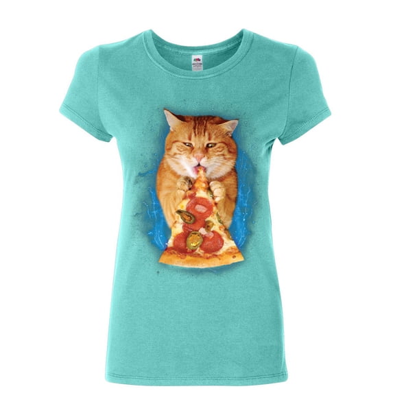 Tee Hunt Cat Eating Pizza Women's T-Shirt Funny Weird Kitten Pet Kitty Peperoni Shirt, Light Blue, XX-Large