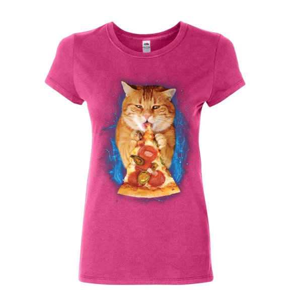 Tee Hunt Cat Eating Pizza Women's T-Shirt Funny Weird Kitten Pet Kitty Peperoni Shirt, Pink, X-Large