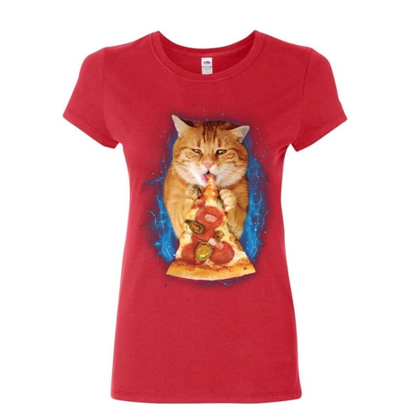 Tee Hunt Cat Eating Pizza Women's T-Shirt Funny Weird Kitten Pet Kitty Peperoni Shirt, Red, Medium