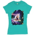 thumbnail image 1 of Tee Hunt Cat Firing Rainbow Laser Riding Pizza Slice In Space T-Shirt Weird Women's T-Shirt Tee, Light Blue, X-Large, 1 of 5