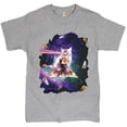 thumbnail image 1 of Tee Hunt Cat Firing Rainbow Laser Riding Pizza Slice in Space T-Shirt Weird Men's Tee, Gray, Medium, 1 of 5